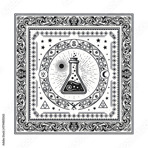 Alchemy flask with swirling liquid and celestial elements.