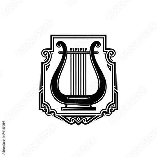 Black and white illustration of a classical lyre instrument emblem.