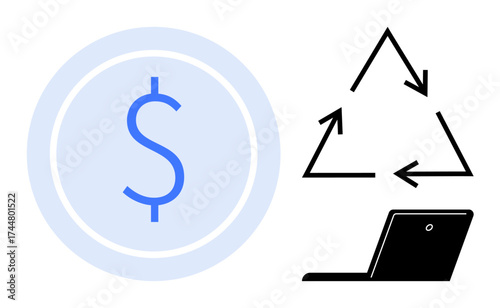Dollar sign with recycling triangle and laptop suggesting sustainable finance and e-waste recycling. Ideal for sustainability, eco-business, finance, digital transformation, technology, green
