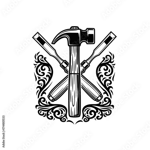 Carpentry tools hammer and chisels crossed emblem design.