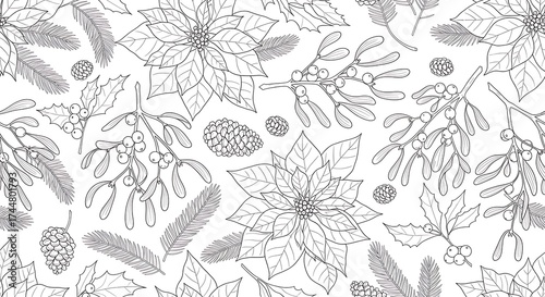 Outline drawing of poinsettias and pine needles, isolated on white background