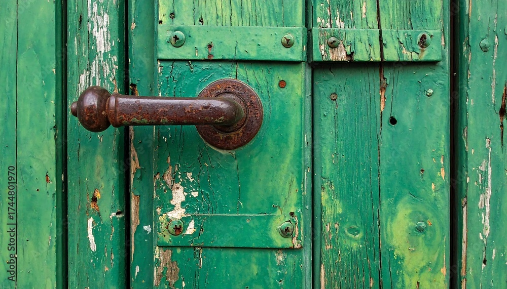 Obraz premium Aged, weathered green wooden door with rusty metal hardware