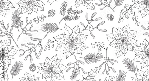 Seamless pattern of poinsettia and holly branches, black and white sketch