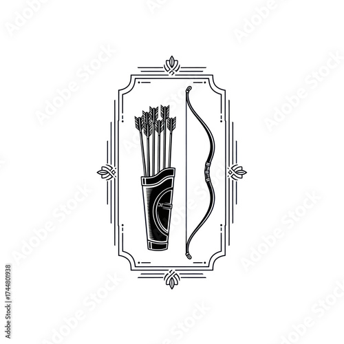 Elegant archery emblem featuring bow and arrows inside decorative frame.