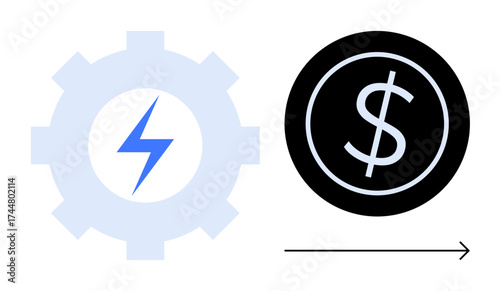 Gear with lightning bolt connecting to dollar symbol via arrow, representing energy efficiency, sustainability, innovation, profit generation, growth, economy, and renewable energy in a simple flat