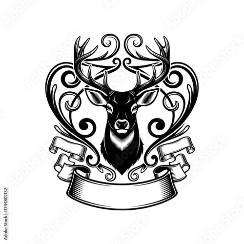 Elegant Deer Crest - Detailed Black and White Illustration with Banner.