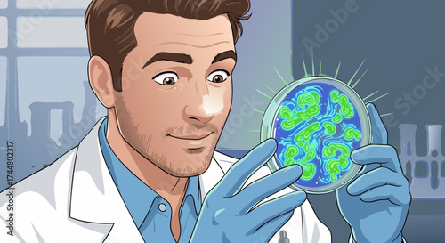 Digital Illustration of a Scientist Examining a Petri Dish with Microorganisms in a Laboratory Setting