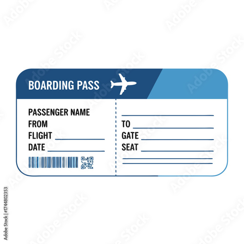 Digital Illustration of a Flight Boarding Pass Ticket with Passenger Information Layout and Airplane Icon