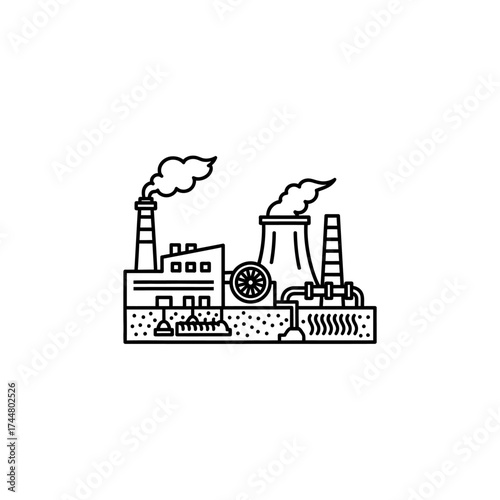 A black and white line art illustration of an industrial plant with smokestacks, pipes, and a cooling tower emitting smoke.