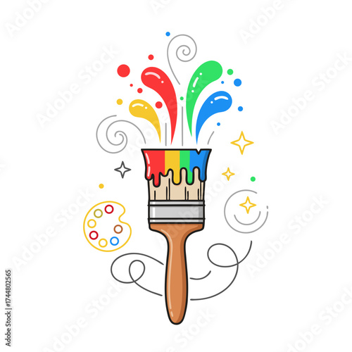 Colorful Paintbrush with Splashing Bright Colors and Artistic Elements