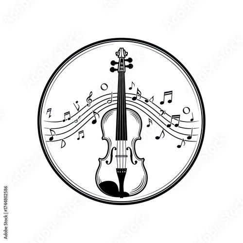 Elegant violin illustration with musical notes inside a circular frame design.