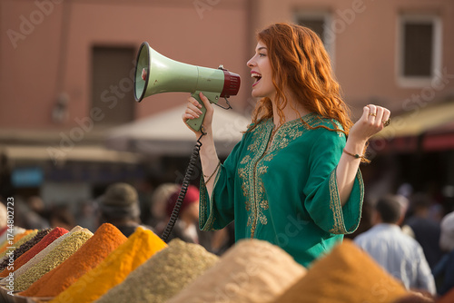 Woman with megaphone addresses crowd at spice market