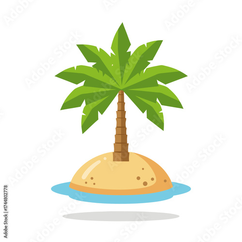 Cartoon Palm Tree on Small Island Surrounded by Water