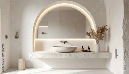 Modern bathroom interior showcases a minimalist design with a large arched mirror illuminated by soft lighting, complemented by a stone sink, decorative vase with dried flowers, and natural tones...