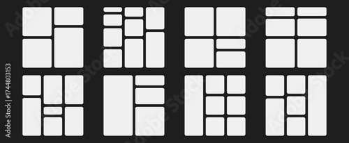 White grid bento layout background. Mixed rectangular frames, blocks, containers in clean template design. Vector geometric photo pattern. Gallery structure for digital presentations.