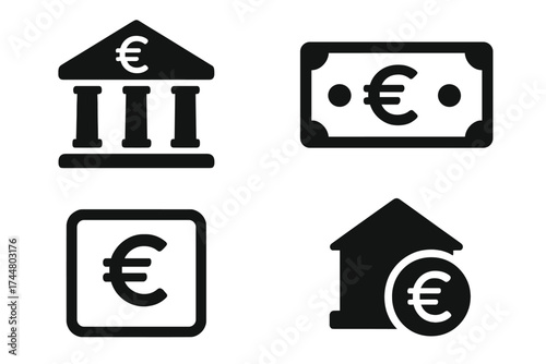 Euro bank and money vector icon set. Finance, payment, and investment symbols. European currency banknote and coin icons. Business and economy pictogram. Simple flat glyphs collection.