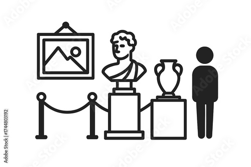 Museum gallery exhibition vector icon. History and art concept. Visitor views antique collection with classic sculpture bust, ancient vase, framed painting. Line art illustration.