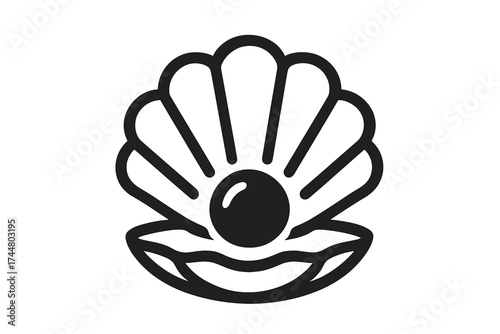 Seashell with pearl vector icon. Open clam shell with a precious gem. Simple black and white line art logo for a jewelry or luxury brand. Marine nature and ocean treasure concept.