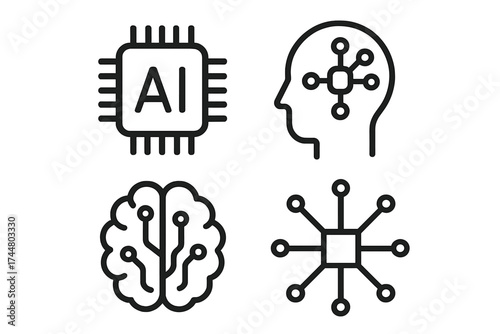 Artificial intelligence line icon set. Concepts of machine learning, deep learning, AI. Vector icons of brain, CPU chip, neural network and human head for technology design.