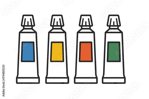 Art paint tubes vector icon set. Artist supplies for creativity, hobby, drawing. Gouache, acrylic, oil paint containers. Colorful palette line art illustration isolated.