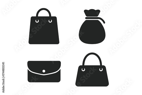 Bag icon set. Shopping bag, money pouch, purse, handbag vector collection. Black glyph silhouette symbols for fashion, retail, finance. Isolated graphic elements on white.