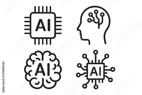 Artificial intelligence line icon set. AI, machine learning, deep learning technology concept. Vector icons of brain, chip, processor, robot head. Future tech, neural network.