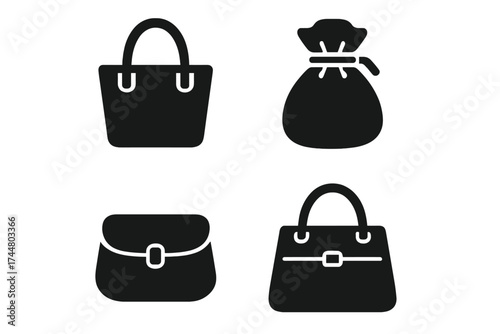 Set of black bag icons. Purse, handbag, tote, money pouch vector illustration collection. Isolated fashion accessories graphic element for ecommerce, website, app and logo design.