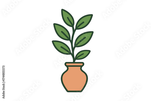 Plant in pot icon. Houseplant in vase vector illustration. Green leaves, foliage for home decor. Gardening, nature, growth symbol. Simple flat line art drawing. Eco friendly.