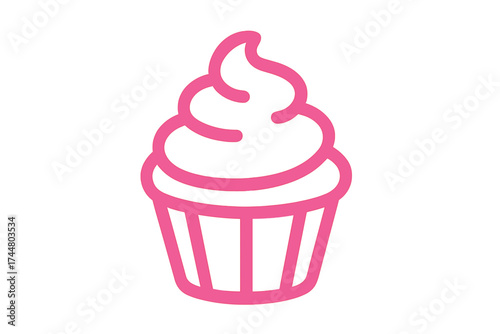 Cupcake icon. Muffin symbol. Sweet dessert. Line art vector. Bakery logo. Pastry shop. Confectionery sign. Birthday party food. Cake illustration. Pink graphic element.