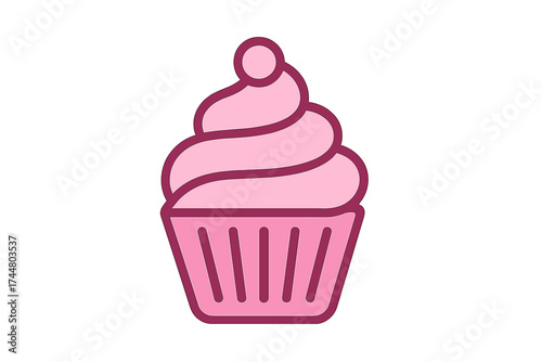 Cupcake icon vector illustration for bakery logo or pastry shop symbol. Pink sweet dessert muffin for birthday party celebration. Cute simple flat design cake, confectionery.