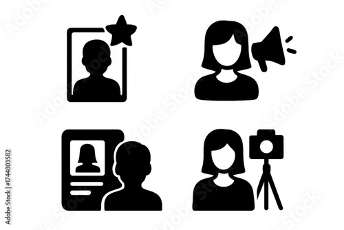 Profile icon set for personal branding. Influencer marketing and content creator symbols. Celebrity favorite, speaker with megaphone, ID card resume, and vlogger camera vector.