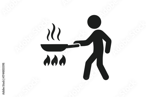 Cooking icon. Man with frying pan on fire. Person preparing food. Cook on stove with skillet. Kitchen symbol. Hot food preparation pictogram. Vector silhouette illustration.
