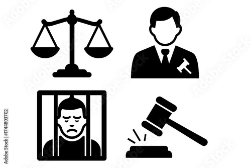 Court judgement attorney sentence guilty justice vector icon set. Law and legal system symbols. Judge with gavel, scales of justice, prisoner in jail, auction hammer icon.