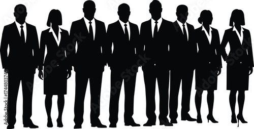 Business team silhouette vector, corporate group illustration, professional staff poses, office attire clipart, teamwork concept design, formal character set, leadership icons