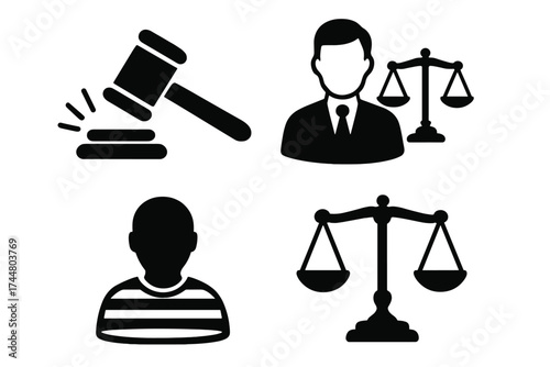 Justice and law vector icon set. Court, judgement, sentence, guilty concepts. Gavel, attorney, prisoner and scales of justice symbols. Legal, crime and punishment illustration.