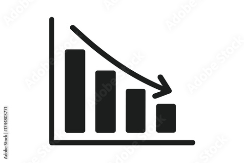 Decrease chart icon. Declining graph with arrow down. Business loss, financial crisis, and recession concept. Market fall diagram. Stock data fail vector illustration.