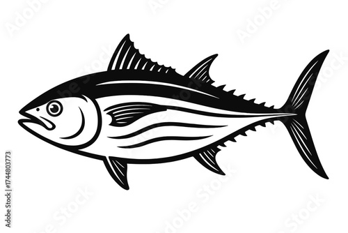 Tuna fish icon for seafood restaurant logo or fishing club emblem. Black and white vector of a bigeye or bluefin tuna. Marine animal symbol for ocean life and fishery.