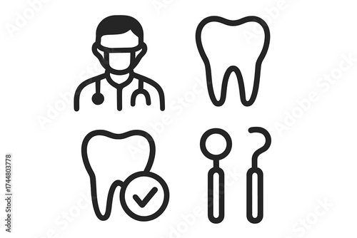 Dentist icon set vector illustration. Dental care line symbols. Tooth, doctor, medical instruments. Stomatology, oral hygiene, health checkup concept. Outline pictogram collection.