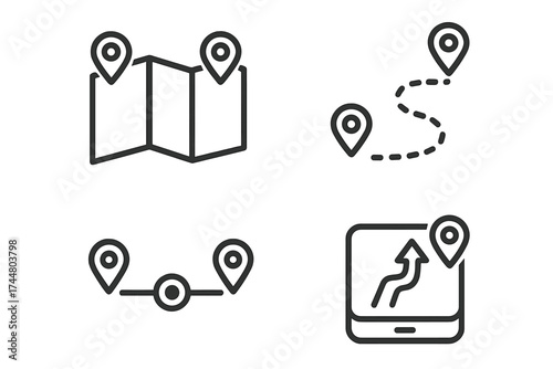 Route and map location line icon set. Vector icons for navigation, GPS destination, journey path, and travel distance. Symbols for direction, pin, marker, and tracking.