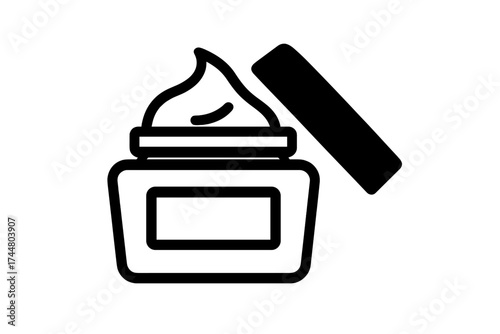 Face cream jar icon. Open cosmetic container with moisturizer or lotion. Skincare and beauty product symbol. Vector illustration isolated on transparent background. Line art.