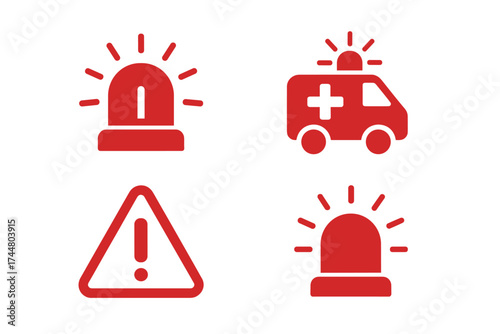 Emergency icon set with ambulance, police flasher, siren light, and warning sign. Vector illustration for medical alert, caution, danger, and traffic signal concepts.