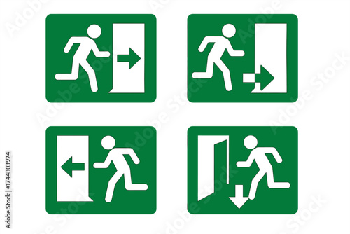 Emergency fire exit sign vector set. Green evacuation route symbol collection with running man icon. Safety pictogram for escape wayfinding, showing direction to the door.