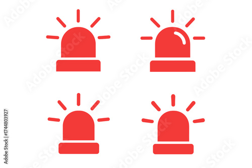 Red emergency siren vector icon set. Police flasher light, ambulance alert, and fire department warning signal. Caution, danger, and attention symbol for security systems.