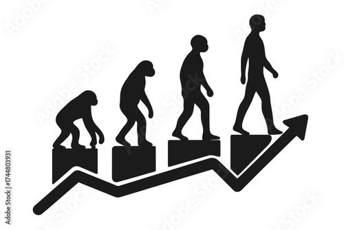Human evolution on business growth chart. Progress and development concept. Career ladder, stock market rise. From ape to man success. Vector silhouette icon on rising arrow graph.