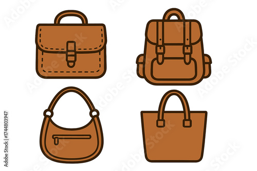 Set of leather bags icons. Vector illustration collection of fashion accessories. Includes briefcase, backpack, hobo bag and tote. Casual style for business, travel and shopping.