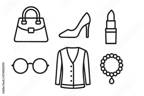Fashion accessories vector icon set. Woman clothes, beauty, makeup and shopping elements. Line illustration of handbag, high heel shoe, lipstick, glasses, cardigan and jewelry.