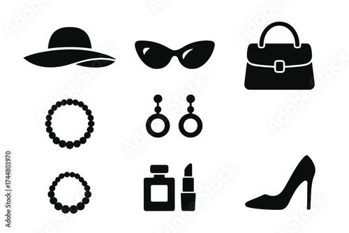 Woman fashion icon set. Female accessories vector silhouette collection. Stylish items: hat, sunglasses, handbag, jewelry, perfume, lipstick, high heel. Glamour, beauty, shopping.