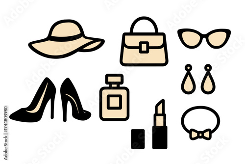 Woman fashion accessories icon set. Vector illustration of stylish female glamour collection. Handbag, shoes, lipstick, perfume, sunglasses, hat. Beauty shopping concept.