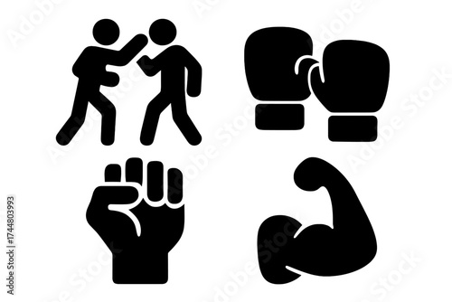 Fighting icon set. Boxing match, gloves, protest fist, and muscle arm. Vector illustration for concepts of power, strength, combat, aggression, sport, and competition.