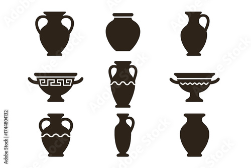 Ancient Greek vase and urn icon set. Funerary amphora, cremation pottery, and Roman vessel silhouettes. Archeology and history concept vector illustration collection design.